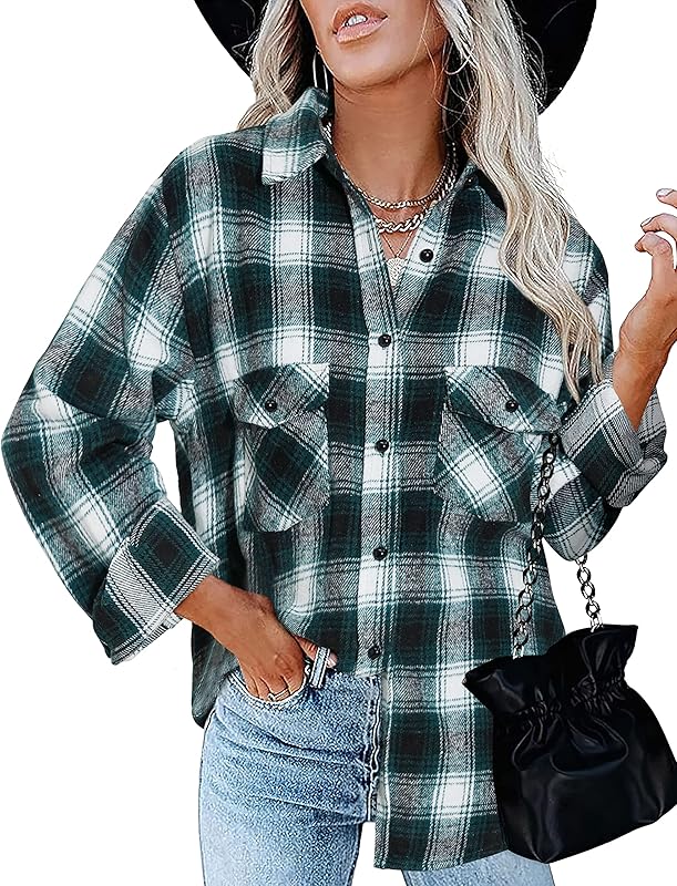 BTFBM Women Shacket Jacket Long Sleeve Button Down Casual Plaid Flannel Shirts Loose Fall Spring Blouses Tops