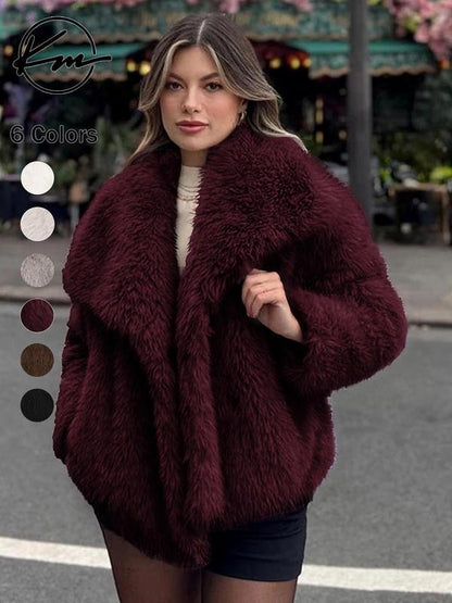 XiaRan Women's Elegant Solid Color Wide Lapel Snap Closure Fuzzy Thermal Outerwear