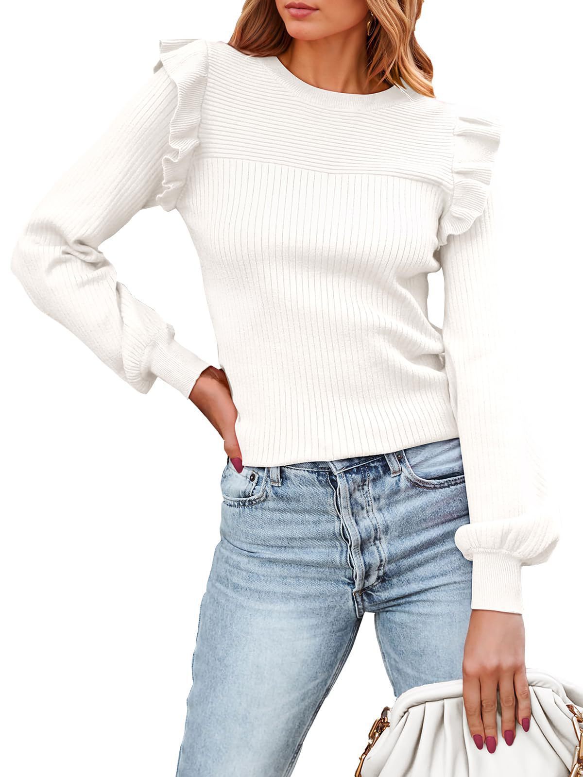 Amazon Cross-Border Women's Ruffled Shoulder Long Sleeve Sweater round Neck Slim Fit2023Autumn and Winter Rib Knitted Top