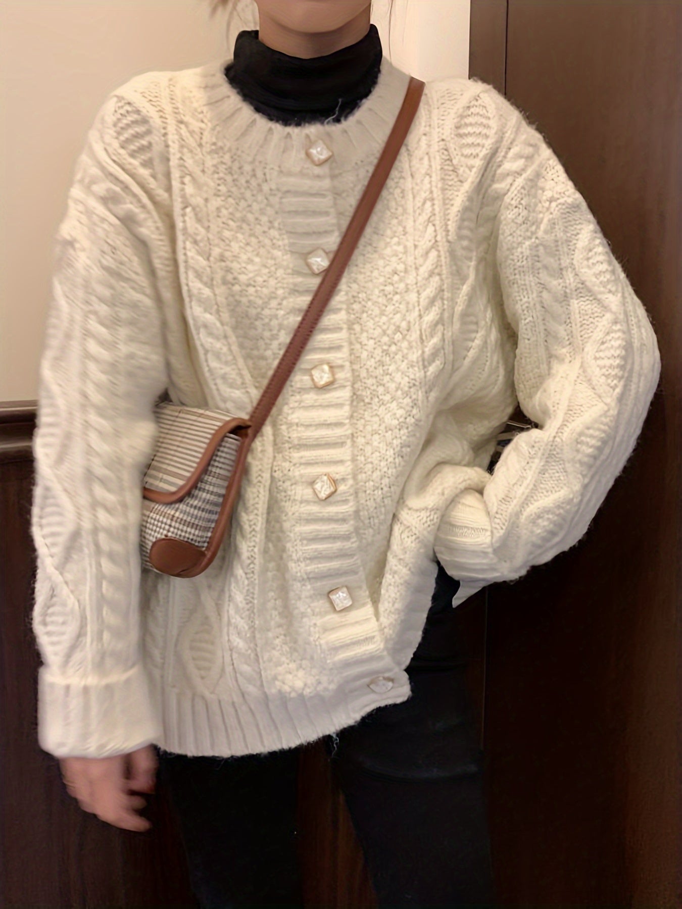 Women's Casual Crew Neck Cable Knit Cardigan - 100% Polyester Chunky Knit Sweater Coat for All Seasons - Solid Color, Thick Open Front Outerwear