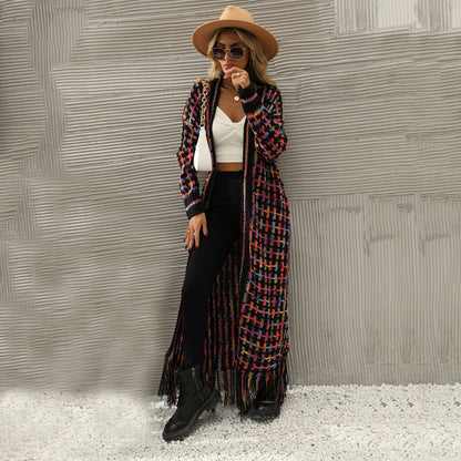 2024New Winter Clothes European and American Foreign Trade plus Size Tassel Long Cardigan Jacket Sweater Cross-Border Hot Women's Clothing Wholesale