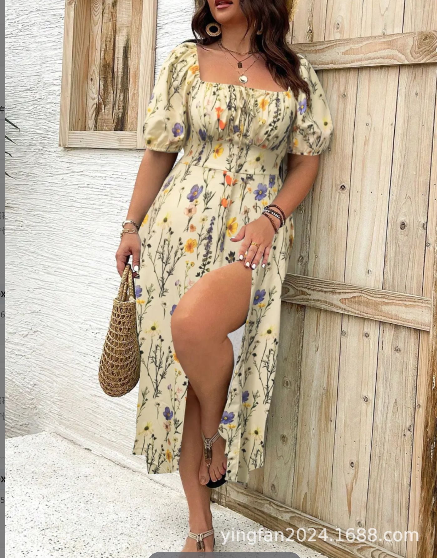 【Plus Size】 Ditsy Floral / All Over Print Split Thigh Dress, Casual Puff Sleeve Tie Front Dress, Bohemian Women Plus Clothing for Summer Beach Daily Wear, Elegant Plus Size, Boho Clothes Women, Womenswear - Seldom Seen Styles