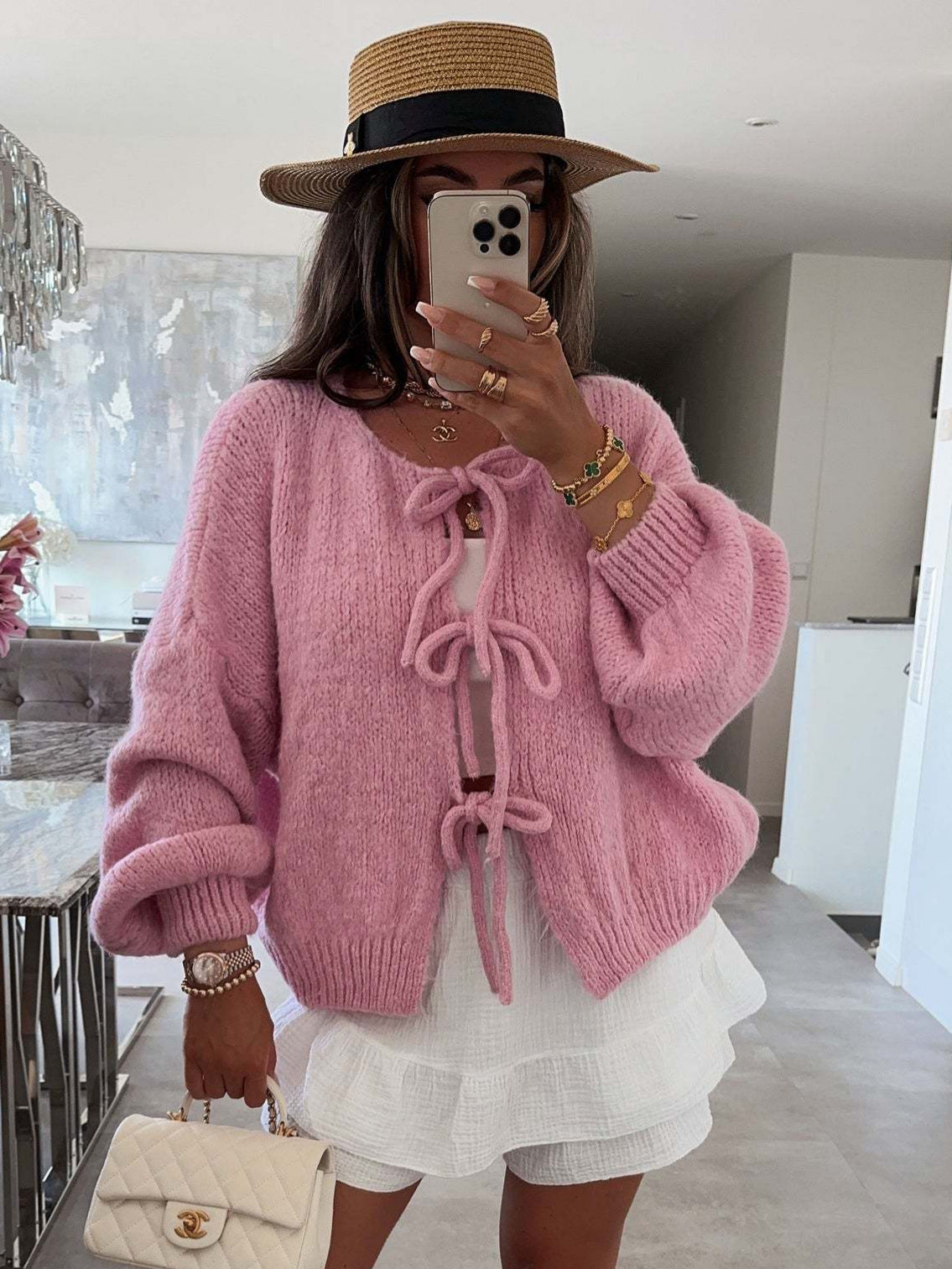 round Neck Tied Knitted Cardigan Jacket Autumn  Winter New Solid Color Commute Simple Sweater Women