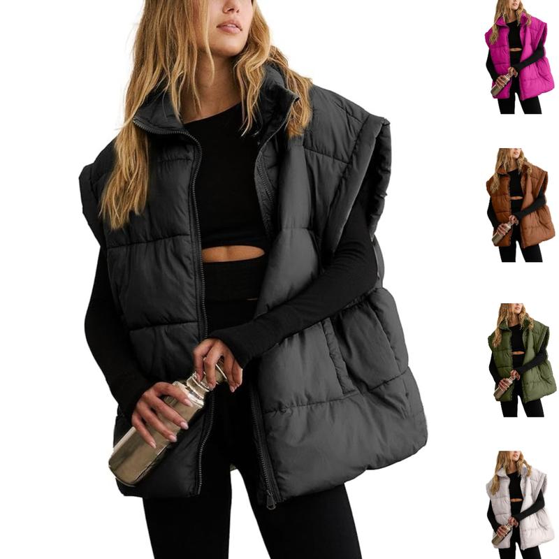 Women's Winter Oversized Puffer Vest Lightweight Stand Collar Flysleeve Insulated Padded Puffy Jackets Coat with Pockets Outerwear Casual Zipper Tops Black Fitted Minimalist - Seldom Seen Styles