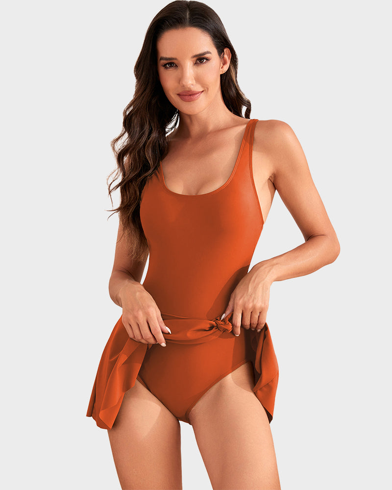 Women's One Piece Tummy Control Tie Knot Swimsuit Skort Built-In Bra Beach Vacation