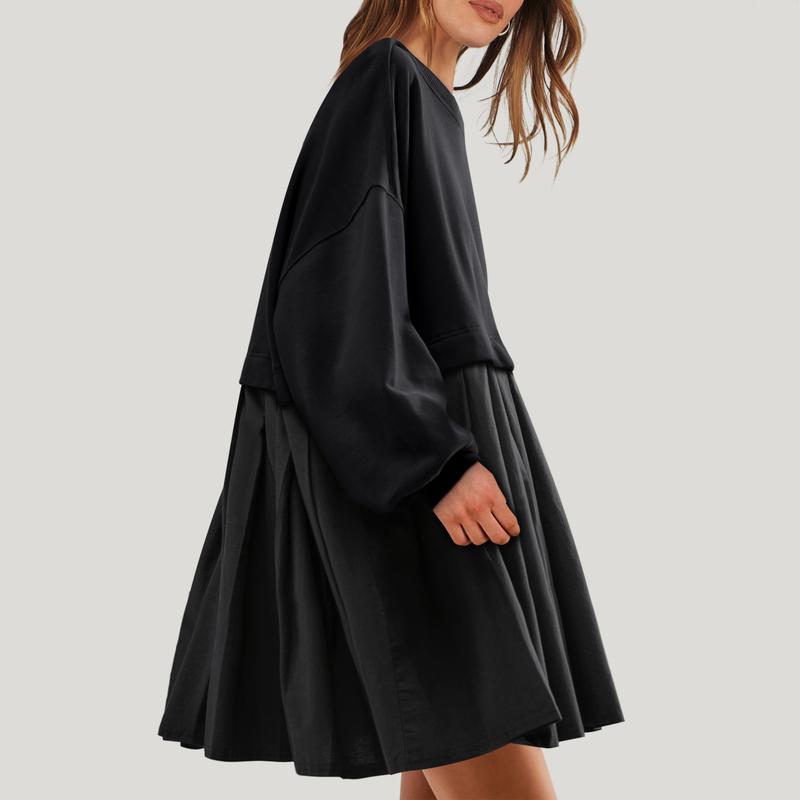 Women Oversized Sweatshirts Hoodie Dress Long Sleeve Crewneck Casual Baggy Patchwork Pleated Flowy Mini Dresses