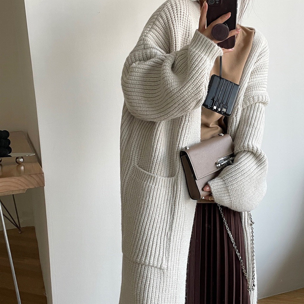 Autumn and Winter New Khaki Thickened Lazy and Loose Large Sweater Coat Female Korean Style High Sense Long Knitted Cardigan