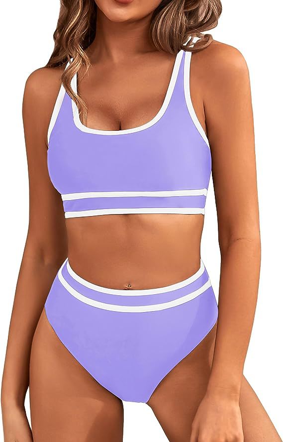 Women's High Waisted Bikini Sets Sporty Two Piece Swimsuits Color Block Cheeky High Cut Bathing Suits - Seldom Seen Styles