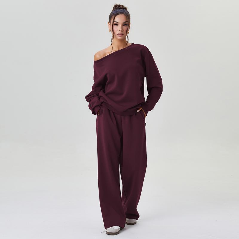Women's Leisure Solid Color Sloping Shoulder Long Sleeve Top & Wide Leg Trousers Co-ord, Cozy Scoop Neck Loose Two Piece Outfits, Basic Womenswear - Seldom Seen Styles