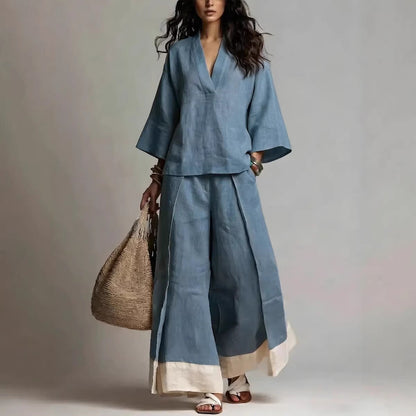 Annie's Fashion Women's Cotton-Linen V-Neck Three-Quarter Sleeve Shirt and Wide-Leg Pants Set