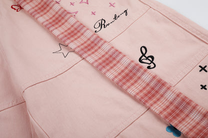 Women's Cute Embroidery Plaid Tie Wide Leg Denim Shorts High Waist Cherry Cat Bow Casual Sweet Streetwear Jean Shorts