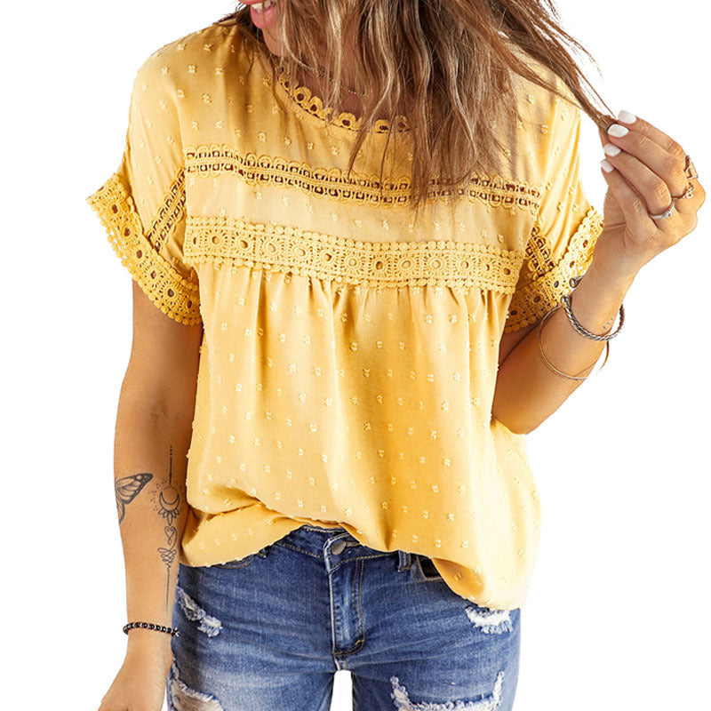 Amazon2023Summer New Europe and America Cross Border Women's round Neck Lace Crocheted Short Sleeve Shirt Casual Chiffon Shirt