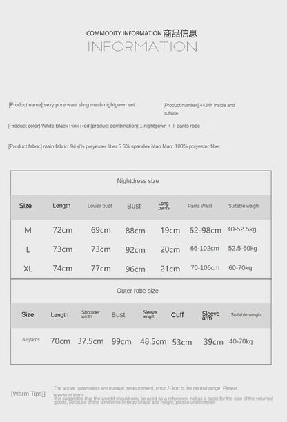 Womens Sexy 3 Piece Fuzzy Lingerie Set Transparent Tulle Nightshirt With Robe and G-String