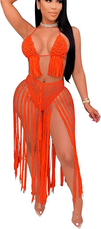 Women Sexy Beach Coverups Summer 2 Piece Outfits Crochet Mesh Fishnet Bikini Top and Maxi Skirt Set - Seldom Seen Styles