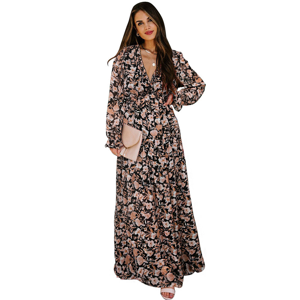 European and American Fashion V Collar Tulle Floral Print Long Sleeve Dress Women Autumn New Loose Casual Chiffon Dress for Women