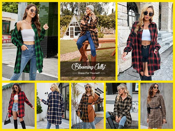 Women's Button Down Flannel Shirts Plaid Shacket Long Sleeve Collared Long Jacket Coats #Springtok - Seldom Seen Styles