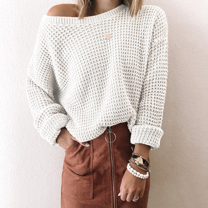 New Sweater Women's Solid Color Loose Diagonal Collar Long-Sleeved Knitted Top  Autumn and Winter Sweater