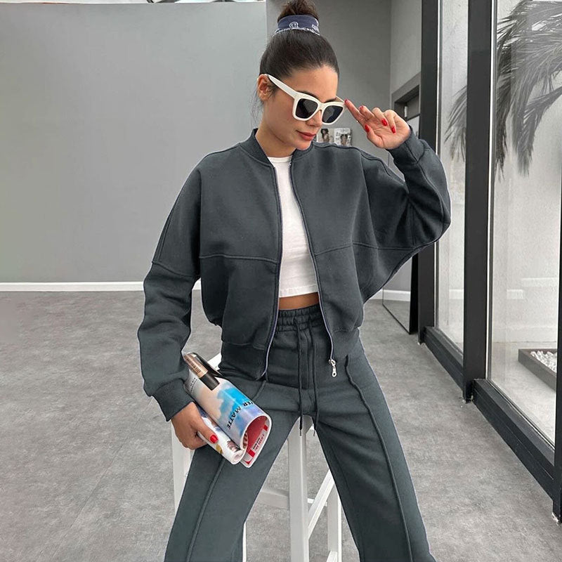 Women's Solid Zip Up Crop Jacket & Drawstring Waist Pants Two-piece Set, Casual Fashion Drop Shoulder Long Sleeve Top & High Waist Trousers Womenswear Suits for Outdoor Wear, Women's Clothing for Spring & Fall 90s Clothes