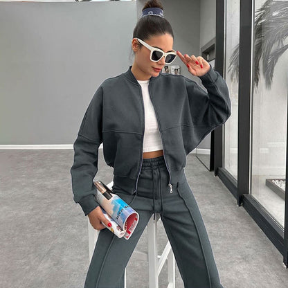 Women's Solid Zip Up Crop Jacket & Drawstring Waist Pants Two-piece Set, Casual Fashion Drop Shoulder Long Sleeve Top & High Waist Trousers Womenswear Suits for Outdoor Wear, Women's Clothing for Spring & Fall 90s Clothes