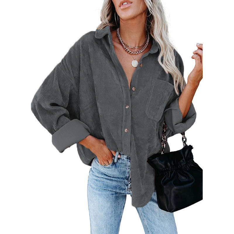 Dokotoo Womens Corduroy Button Down Shirts Boyfriend Long Sleeve Oversized Blouses Tops