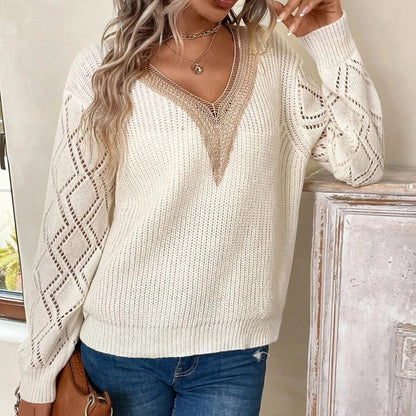Womens Long Sleeve Sweaters Fall 2024 Trendy Sexy Lace V Neck Knit Drop Shoulder Pullover Sweater Jumper Tops