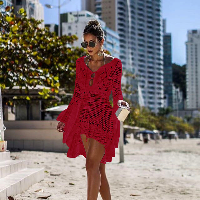 Hollow-out Sun Protection Shirt Bell Sleeve Beach Cover-up Bikini Cover  Hot Knitwear Swimsuit