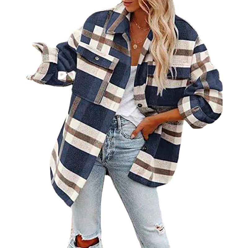 Amazon Autumn and Winter European and American Women's Clothing Autumn and Winter Long Sleeve Lapel Loose Plaid Wool Coat