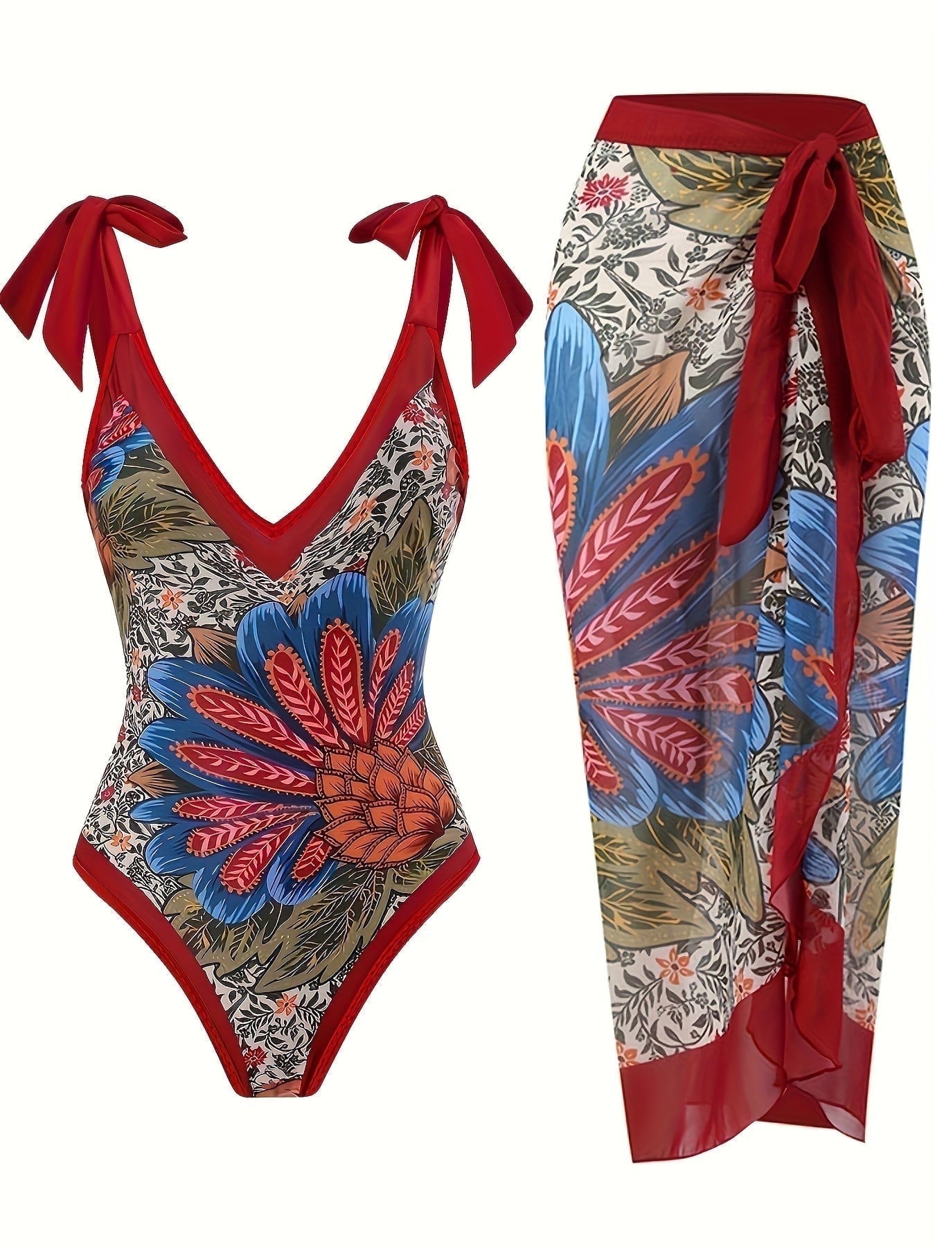 Women's Tropical Print One Piece Swimsuit with Cover up Beach Skirt Sarong Two Piece Floral Printed V Neck Tummy Control High Cut Monokini Swimsuit Bathing Suit Women's Swimwear & Clothing - Seldom Seen Styles