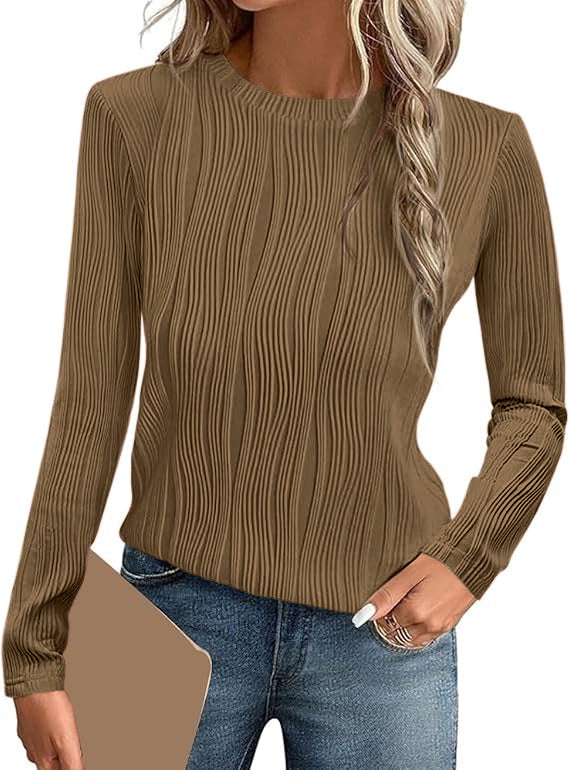 Women's Summer Fall Scalloped Lace Cuff Crewneck Tops Textured Shirts - Seldom Seen Styles