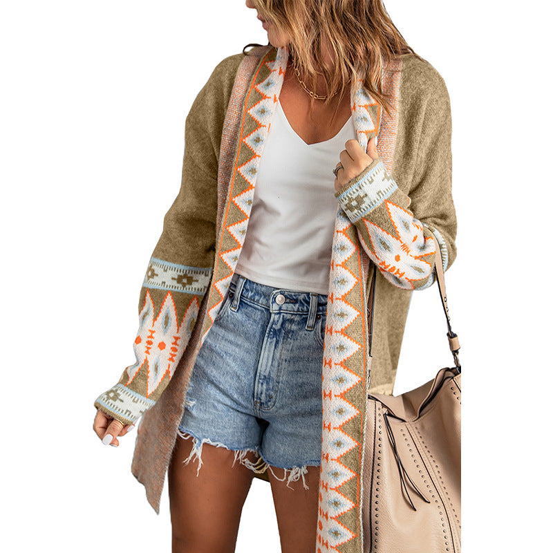 Shiying Autumn and Winter New Ethnic Print Cardigan Knitted Coat for Women Europe and America Cross Border Autumn and Winter New Cardigan Top