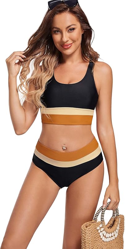 2 Piece Swimsuit for Women 2024 High-Waisted Color Block Bathing Suits Modest Sporty Bikinis Set - Seldom Seen Styles