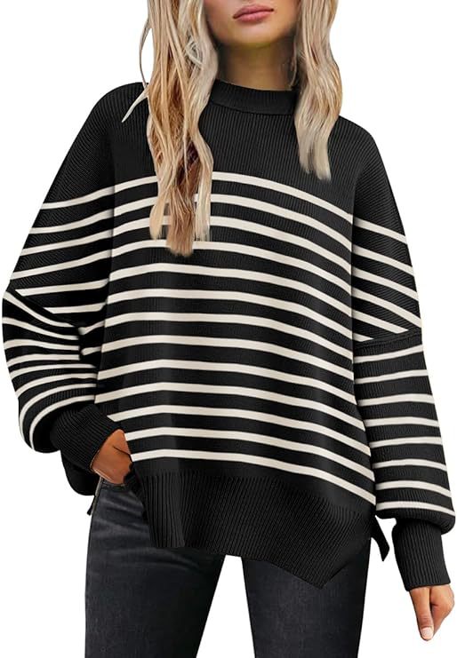 Women's Oversized Batwing Sweaters 2024 Fall Outfits Crewneck Ribbed Knit Side Slit Trendy Pullover Tops