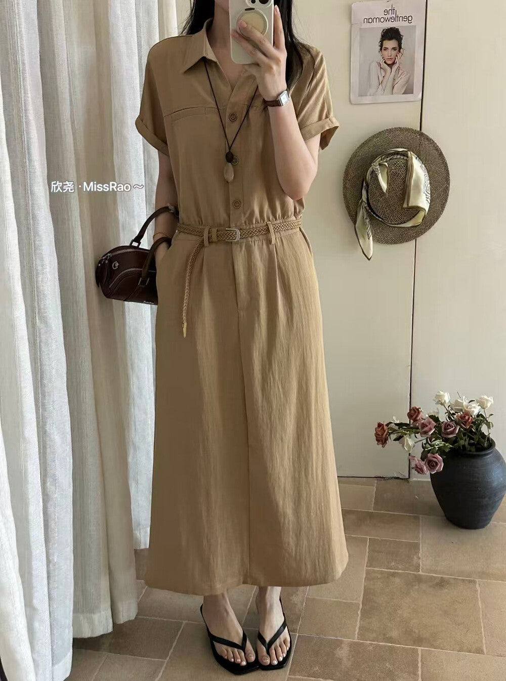 French Style Collared Short Sleeve Shirt Dress A-Line Midi Dress with Woven Belt Included White Black Khaki - Seldom Seen Styles