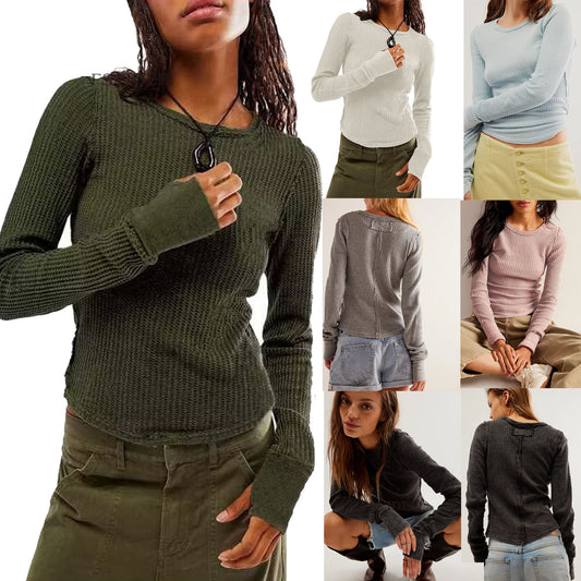 Women's Waffle Knit Tops Long Sleeve Shirts Casual Slim Fitted Crew Neck Pullover Shirts