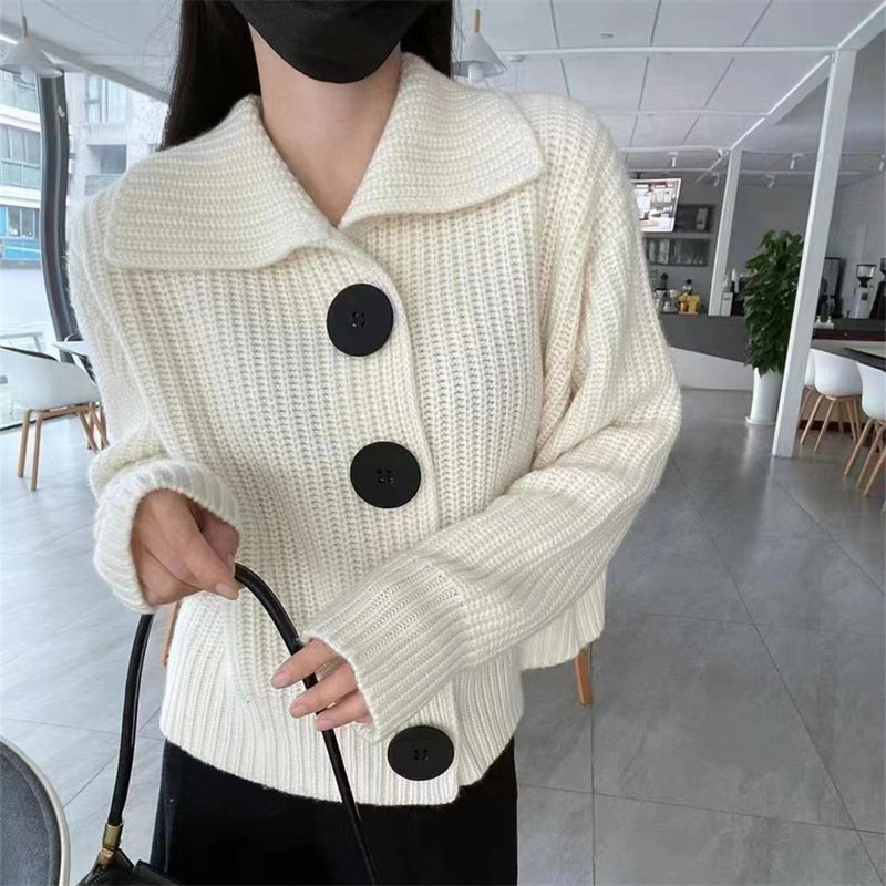 Korean Style 2024 New Spring and Autumn Sweater Easy Matching Coat Loose Fashion Big Buckle Western Style Lapel Knitted Cardigan for Women