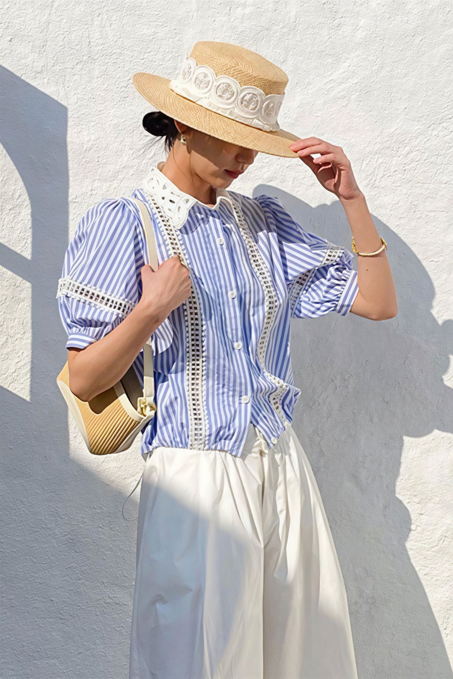 Chic Stripe Lace Puff Sleeve Blouse - Seldom Seen Styles