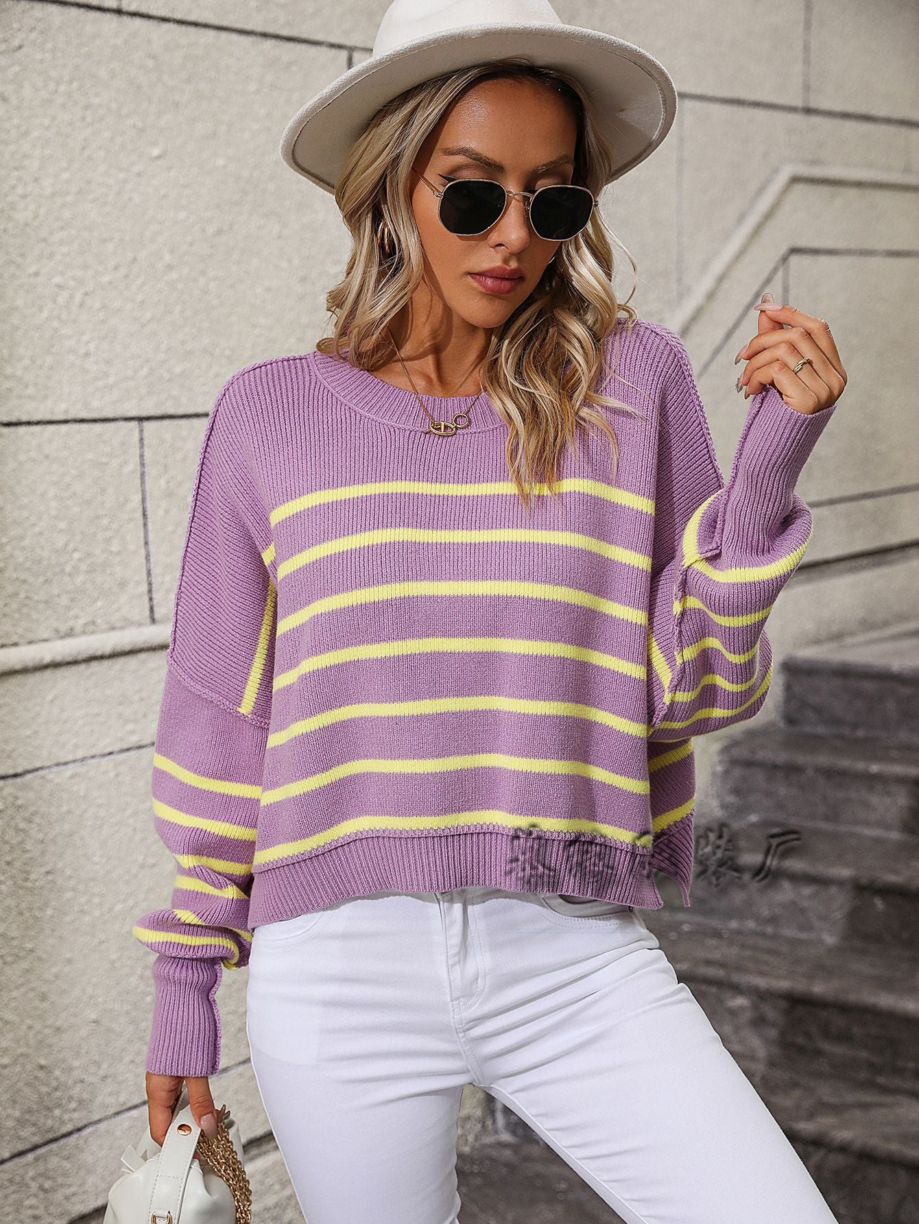 2023Autumn and Winter New Europe and America Cross Border Amazon round Neck Women's Knitwear Foreign Trade Loose Pullover Stripe Sweater Women