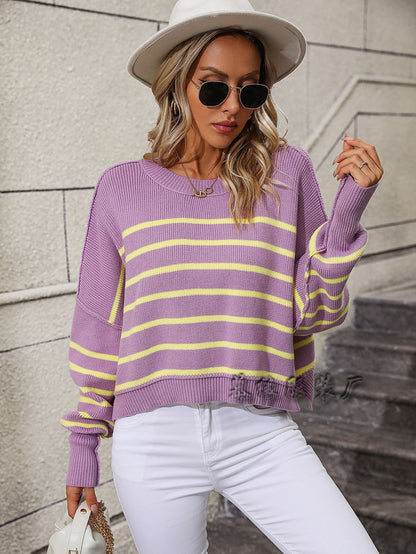 Women's Knit Pinstripe Sweater  round  Stripe Neck Knitwear Bat sleeve  Loose Pullover Cropped Sweater