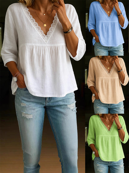 Women’s Lace Crochet V Neck Shirt Lantern Long Sleeve Pleated Tunic Casual Loose Fit Blouse Top