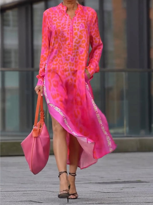 Women's Leopard Print Long Sleeve Split Maxi Dress V Neck Button Flowy Long Dress with Pockets Fashion Streetwears - Seldom Seen Styles