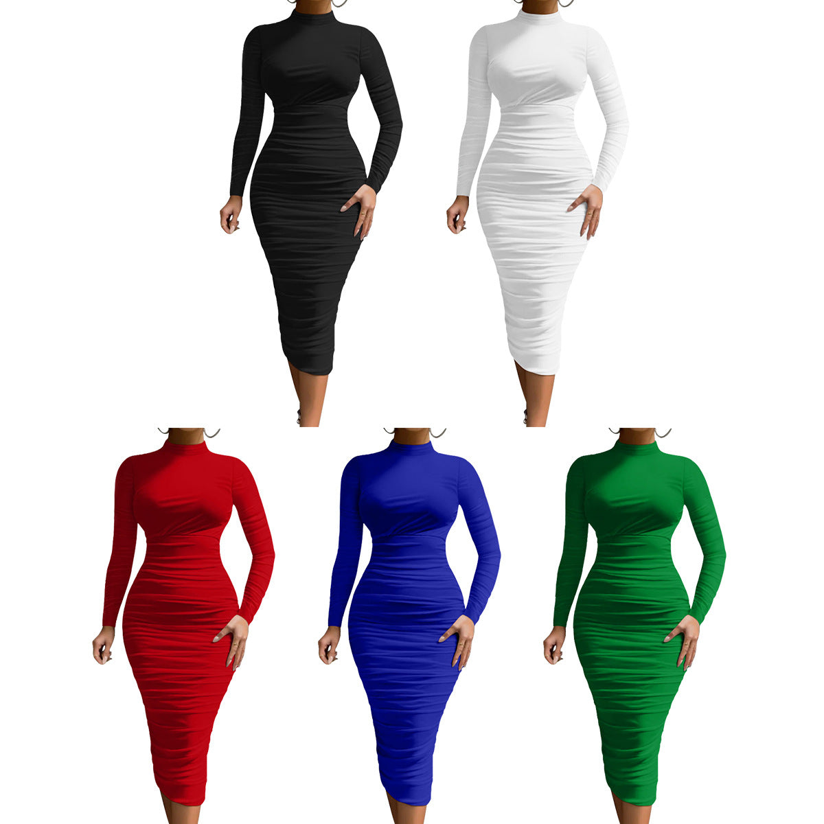 Women's Cocktail Bodycon Long Sleeve Mock Neck Mesh Ruched Midi Party Dress Formal Womenswear - Seldom Seen Styles