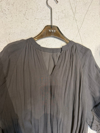 V-Neck Puff Sleeve Loose Flowy Maxi Dress with Woven Belt Included Crinkle Texture Elegant Casual Summer Dress White Dark Grey