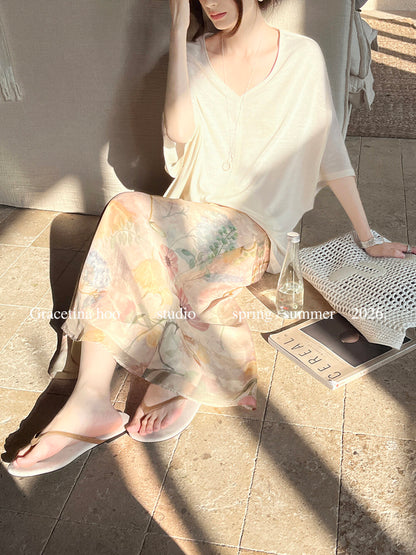 Vintage Oil Painting Floral Print Midi Skirt 100% Polyester Side Zip A-Line Elegant Summer Skirt