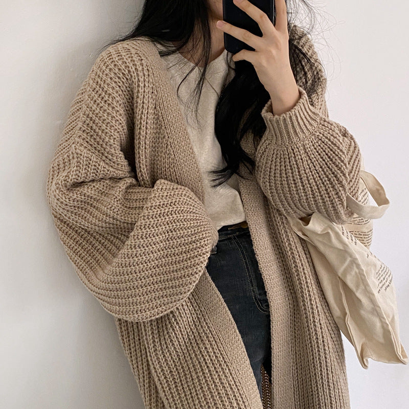 2024Autumn and Winter New Korean Style Solid Color Idle Style Sunken Stripe Long Knitted Cardigan Lantern Sleeve Sweater Women's Coat Fashion