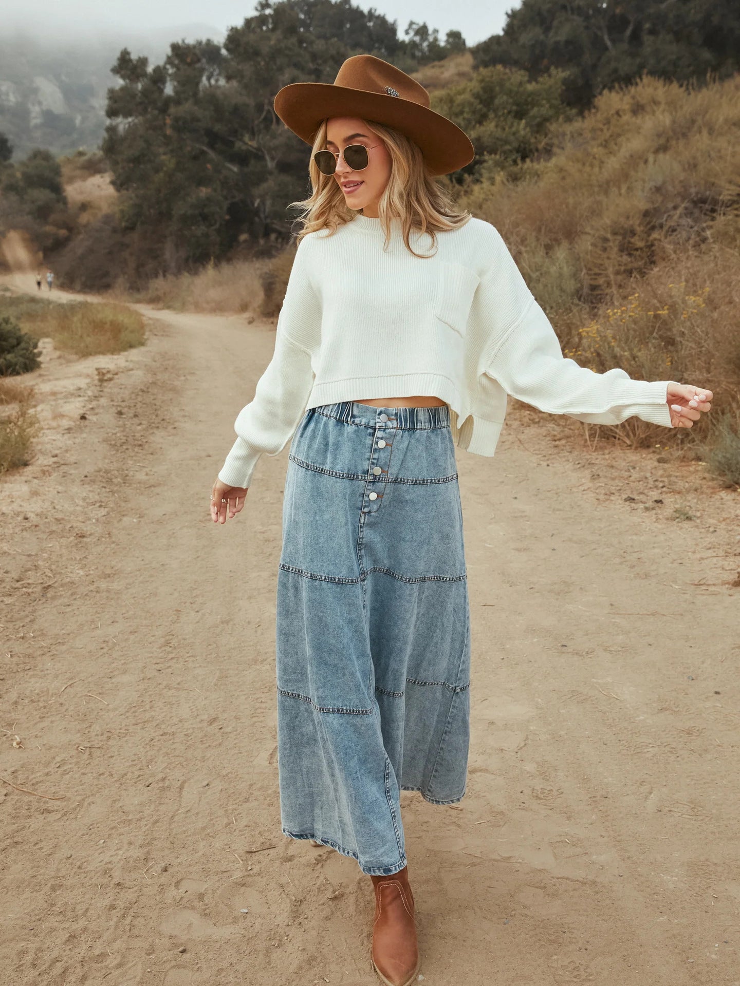 Women Casual Denim Maxi Skirt Elastic High Waist Tiered A Line Long Jean Skirt Y2k Western Patchwork 2025 - Seldom Seen Styles