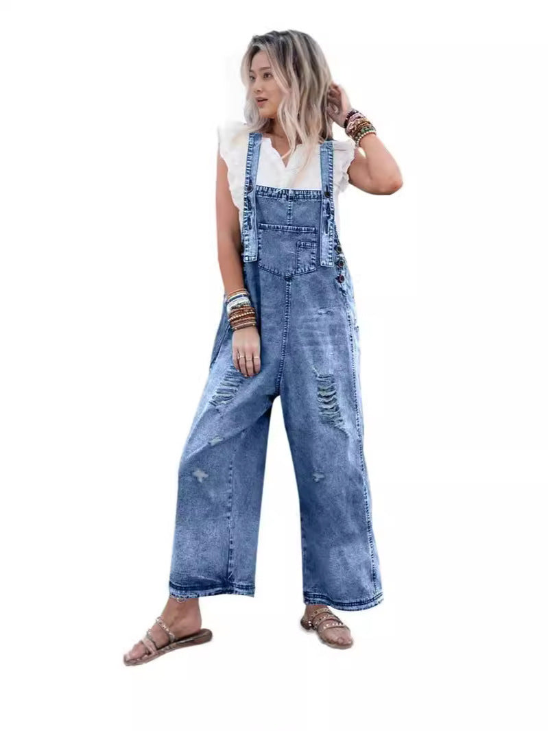 Women's Denim Overalls Casual Jumpsuits Loose Fit Adjustable Strap Distressed Bib Jeans Overall Jumpsuits - Seldom Seen Styles