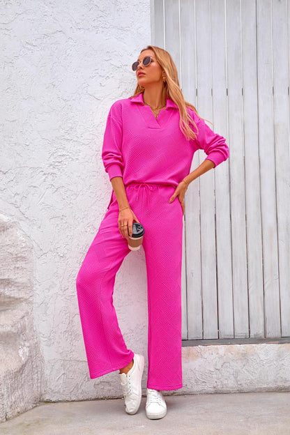 Women 2-Piece Outfit 2025 Fall Winter Lapel V Neck Long Sleeve Pullover and Wide Leg Pants Lounge Sets Pockets #Outdoorfun