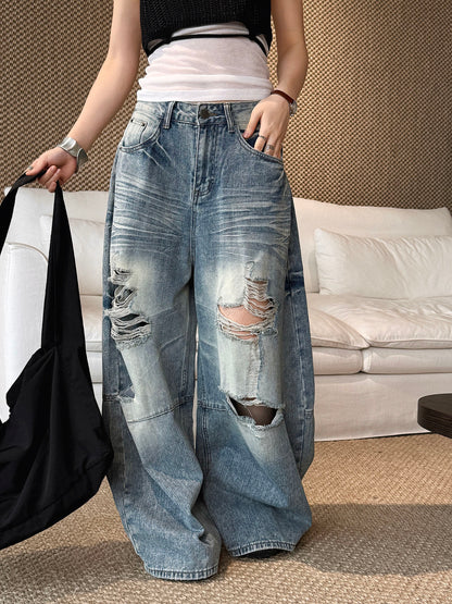 Women's Distressed Ripped Wide Leg Jeans High Waist Baggy Denim Pants Streetwear Y2K Casual Summer Outfit