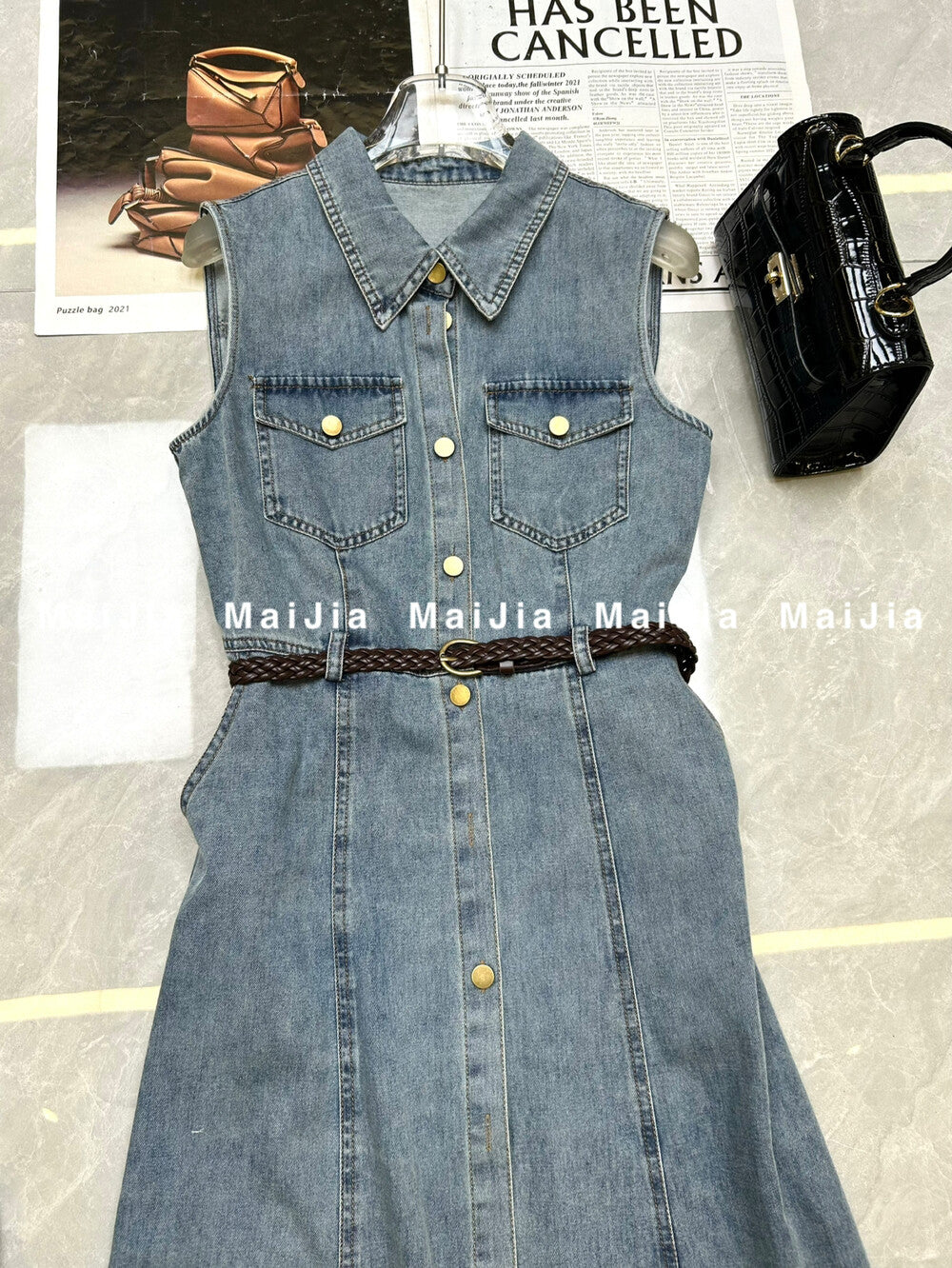 Women's Light Blue Denim Sleeveless A-Line Midi Dress Gold Button Dual Chest Pockets with Free Braided Belt S M L XL - Seldom Seen Styles