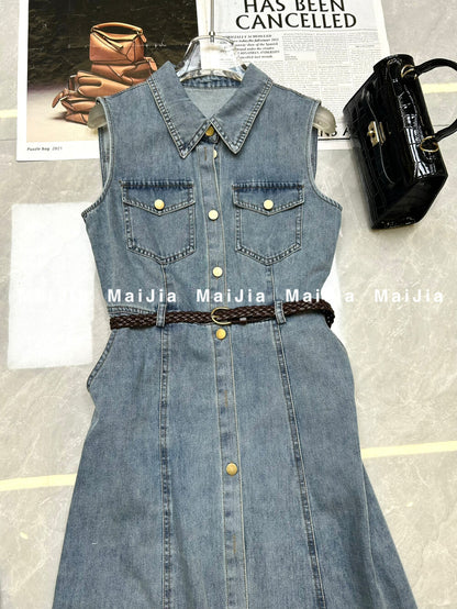 Women's Light Blue Denim Sleeveless A-Line Midi Dress Gold Button Dual Chest Pockets with Free Braided Belt S M L XL